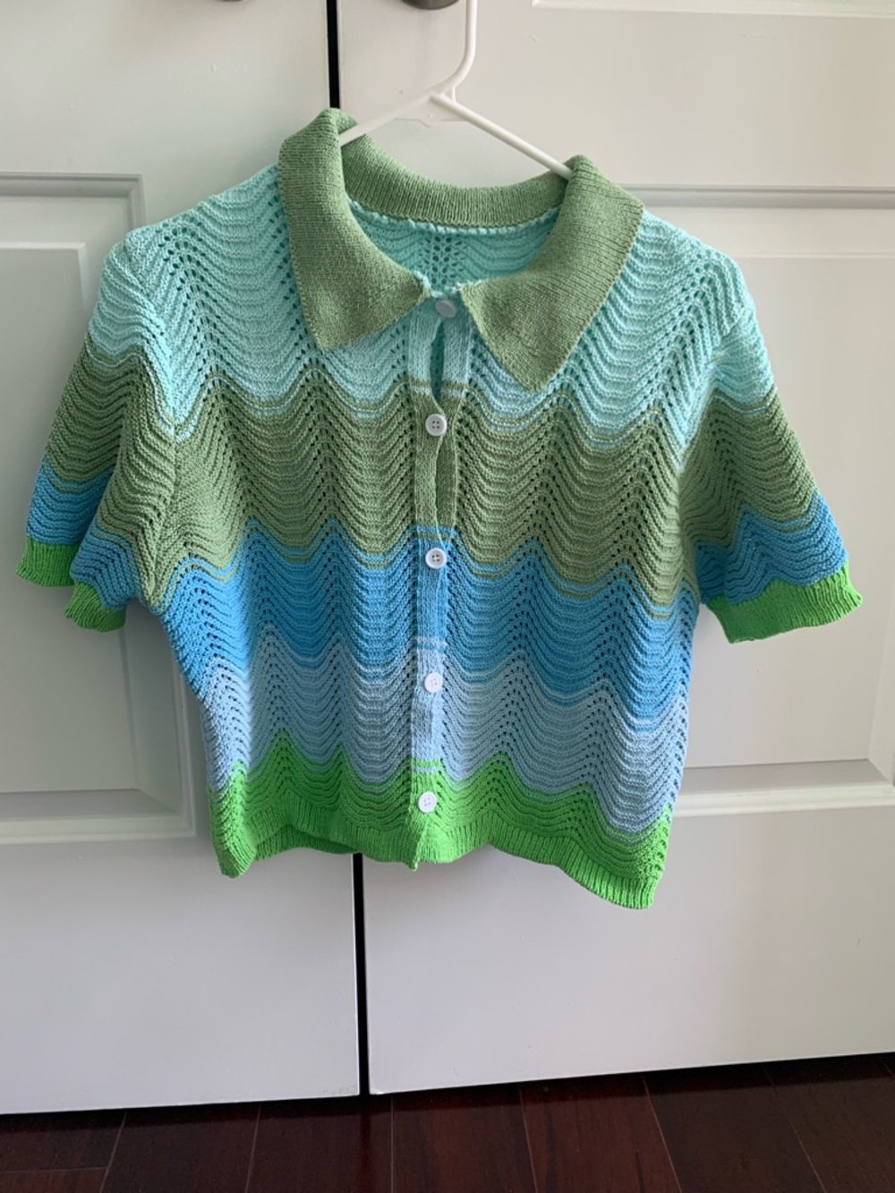Girls' Striped Knit Button-Up Top in Green & Blue 2 piece set Top and Bottom